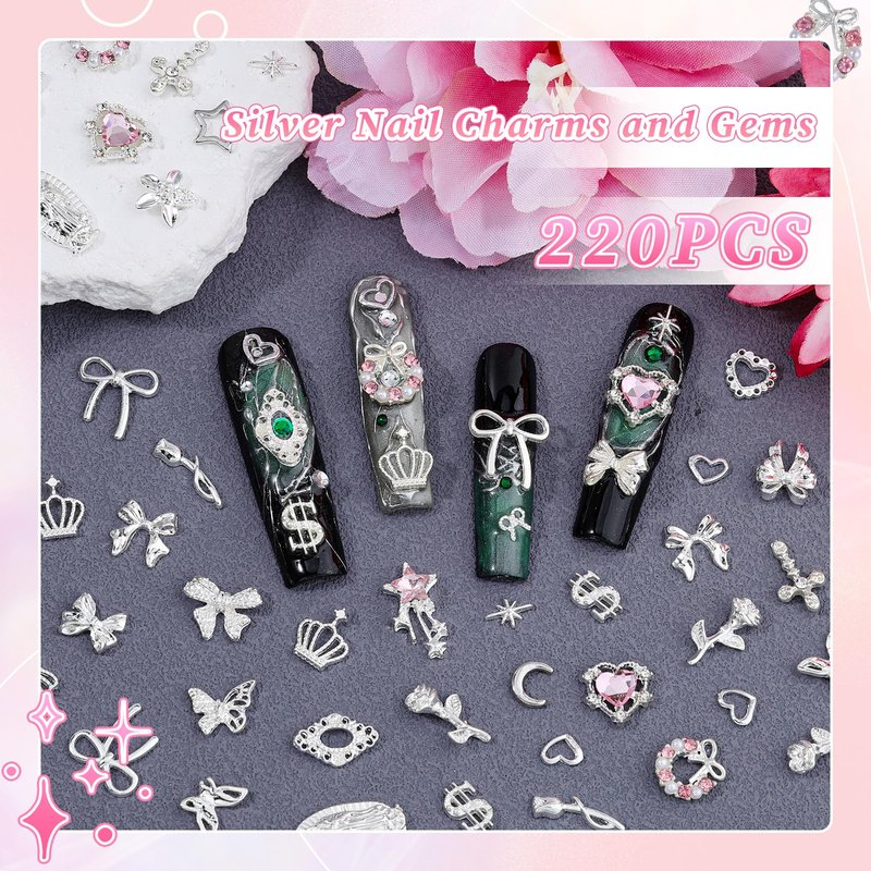220Pcs Silver Nail Charms, 24 Styles 3D Cross Nail Charms Pink Heart Nail Rhinestones Bow Butterfly Star Crown and Virgin Mary Y2K Shiny Jewelry with Tweezer for Nail Art Supplies