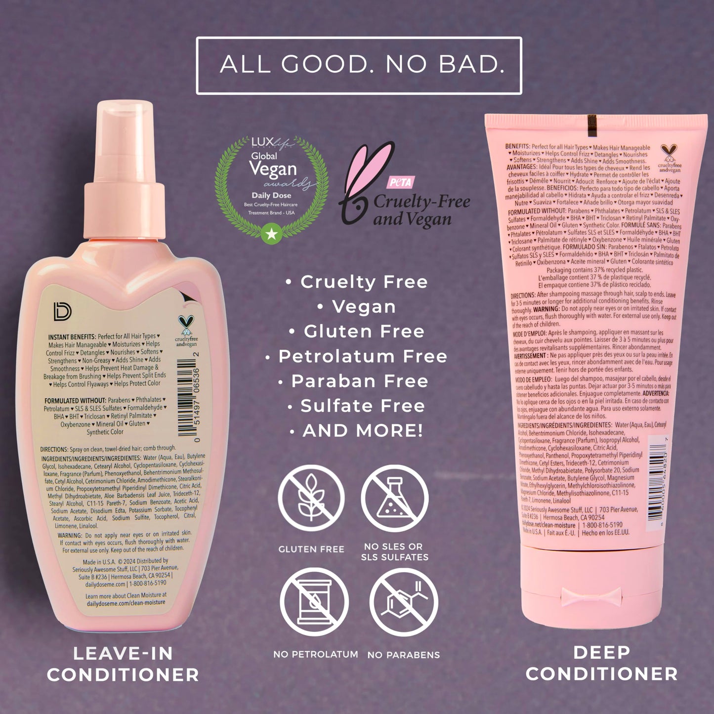 DAILY DOSE Award-Winning Clean Moisture Leave In Conditioner Spray Detangler for Dry, Damaged & Frizzy Hair. Instantly Softens, Smooths & Adds Shine for Kids & Adults. Vegan, Sulfate-Free, Color Safe