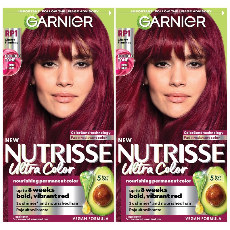Garnier Nutrisse Ultra Color Hair Color, Permanent Hair Dye for Up to 8 Weeks of Bold, Vibrant, Fade-Resistant Results, Vegan & Cruelty-Free, RP1 Dark Intense Pink Red (Cherry Flamingo), 2 Count