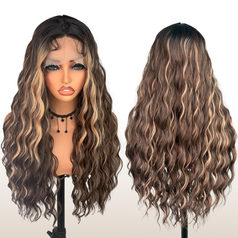 Lace Front curly Synthetic Wig for Women 32 Inch Long Deep Curly Wavy T part HD Transparent Glueless Lace wig Heat Resistant Fiber Pre Plucked Hairline with Baby Hair（Brown highlights）