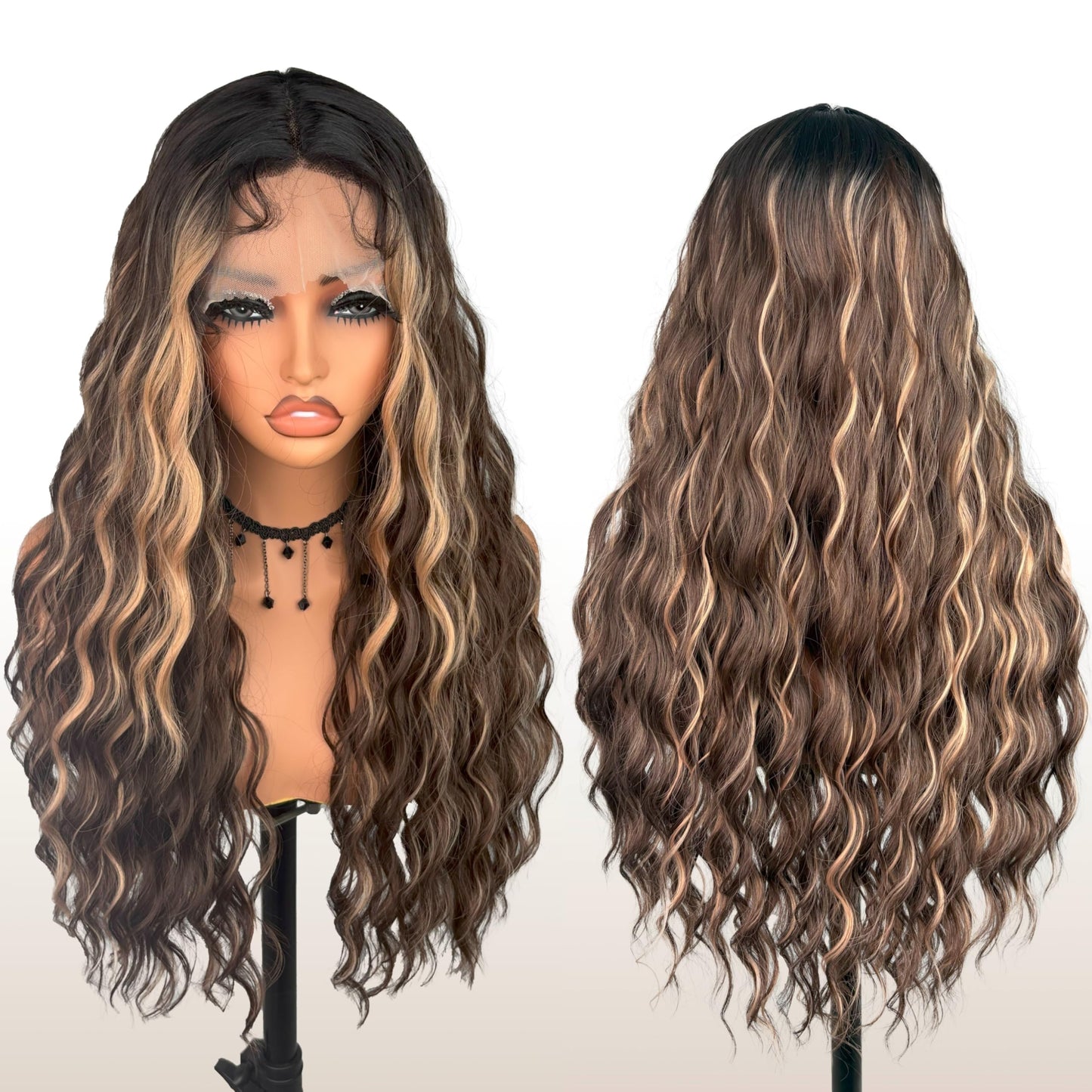 Lace Front curly Synthetic Wig for Women 32 Inch Long Deep Curly Wavy T part HD Transparent Glueless Lace wig Heat Resistant Fiber Pre Plucked Hairline with Baby Hair（Brown highlights）