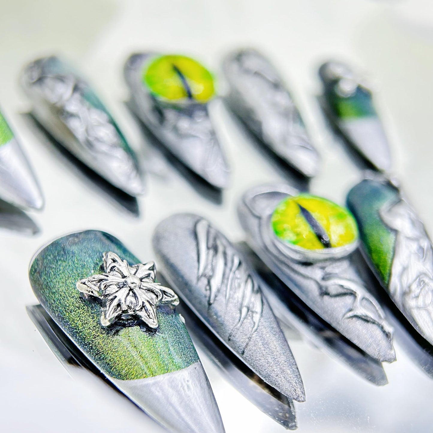 Press on Nails Handmade Luxury Acrylic Material Long Style Almond Reusable Halloween Goth Nail Kit with Nail Glue for Women and Girls 10pcs (Green Dragon Eyes-S, One Size)