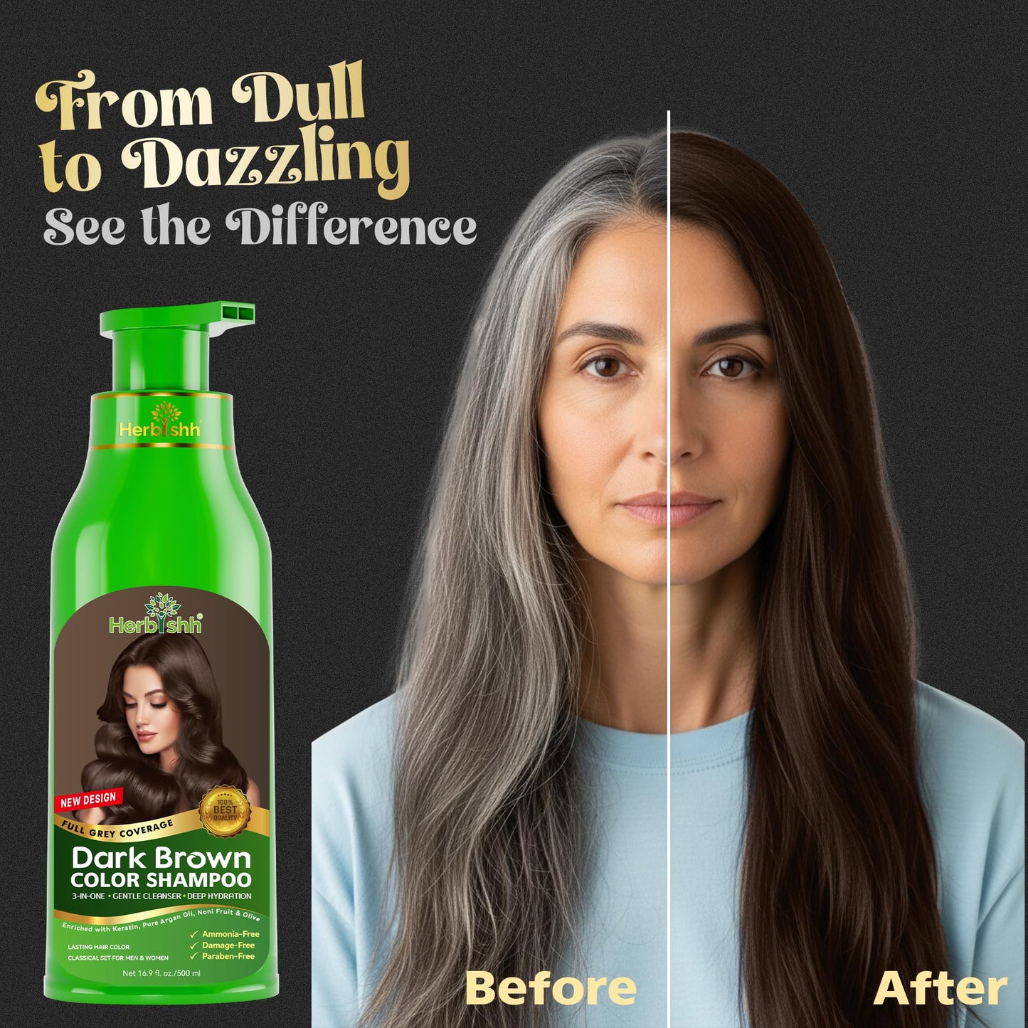 Herbishh Hair Color Shampoo for Gray Hair 500ml Dark Brown + Essential Care Flower Hair Oil for Dry Damaged Hair & Growth 60ml
