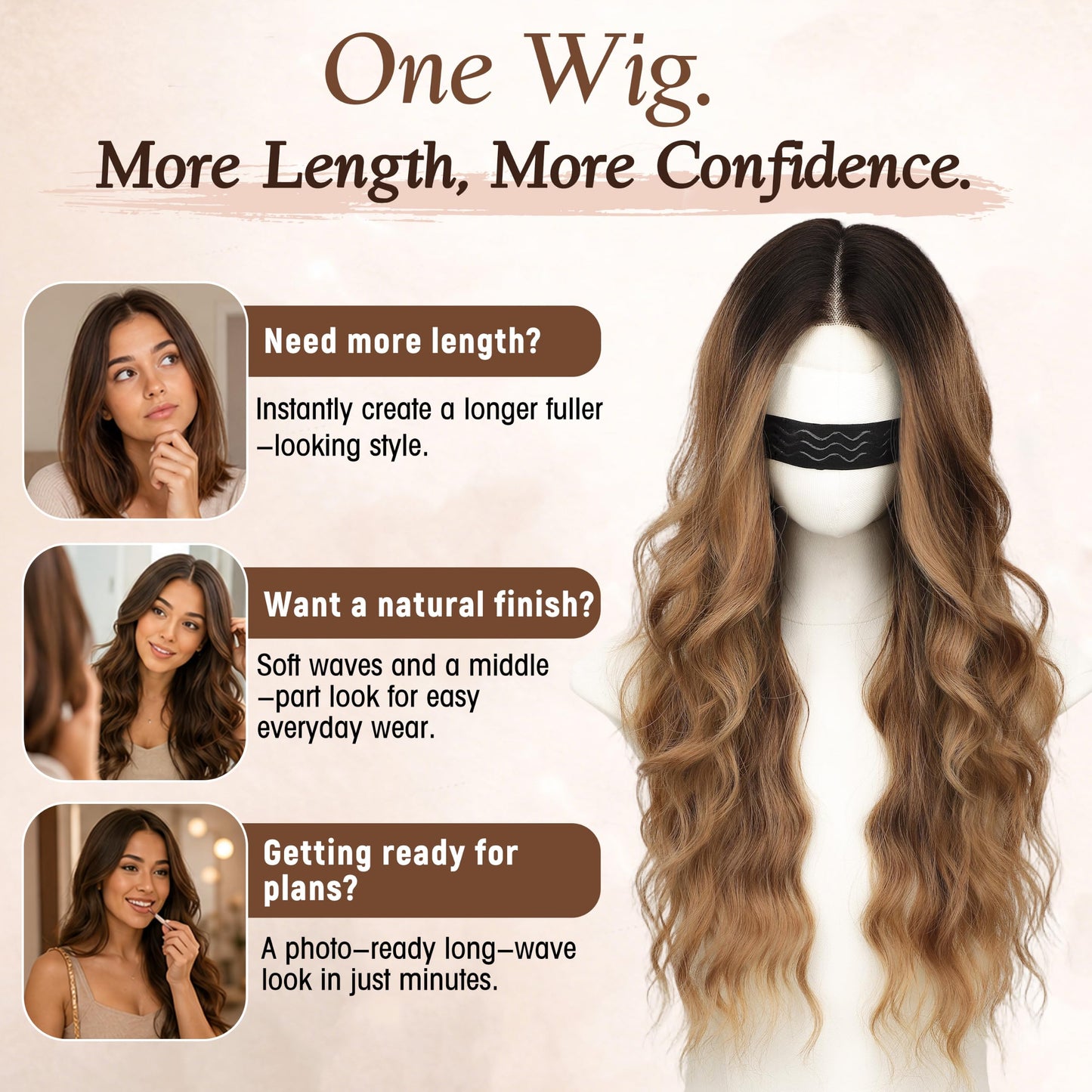 Nnzes Long Ombre Brown Gold Mixed Honey Blonde Wavy Wig 4x1 Lace Natural Hairline Middle Part Curly Heat-Resistant Synthetic Fiber for Women & Beginners Daily Party Use 26In