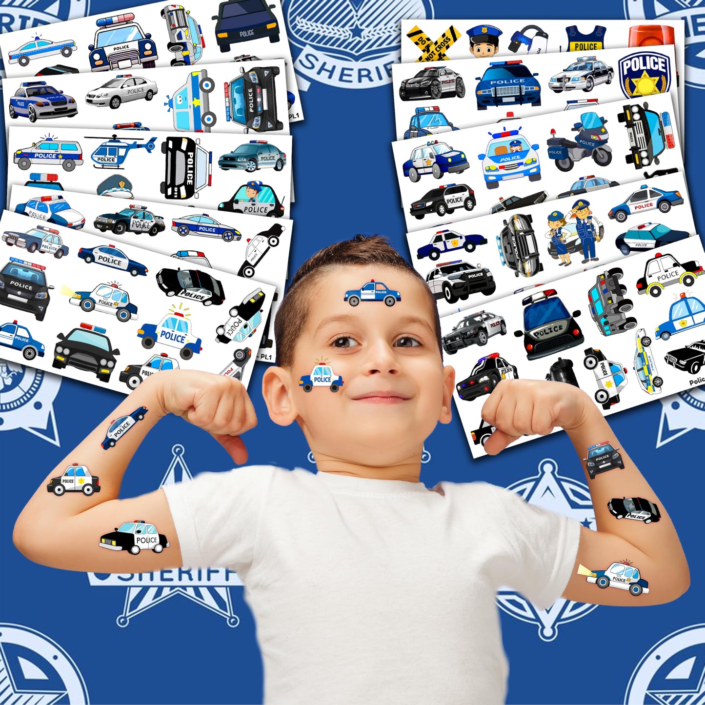 107 PCS Police Car Party Favors Temporary Tattoos Themed Decorations Décor police birthday party supplies Officer Policeman Blue Tattoo Stickers Gifts For Boys Girls Class Prizes Rewards Cartoon