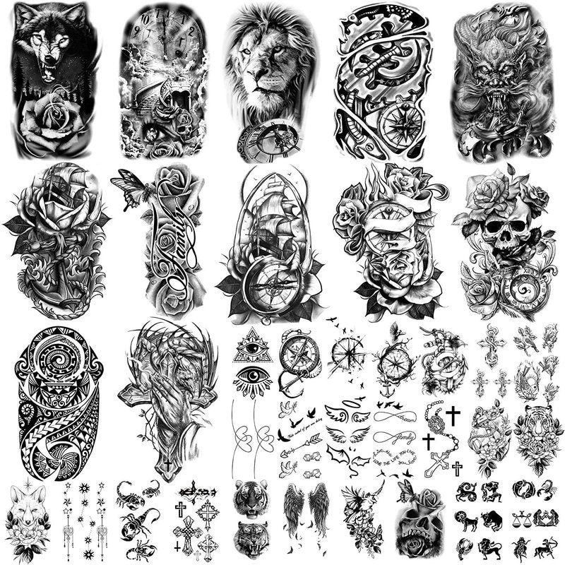 Temporary Tattoos - 36 Sheets of Stylish Body Art for Men & Women | Includes 12 Sheets of Arm & Chest Designs