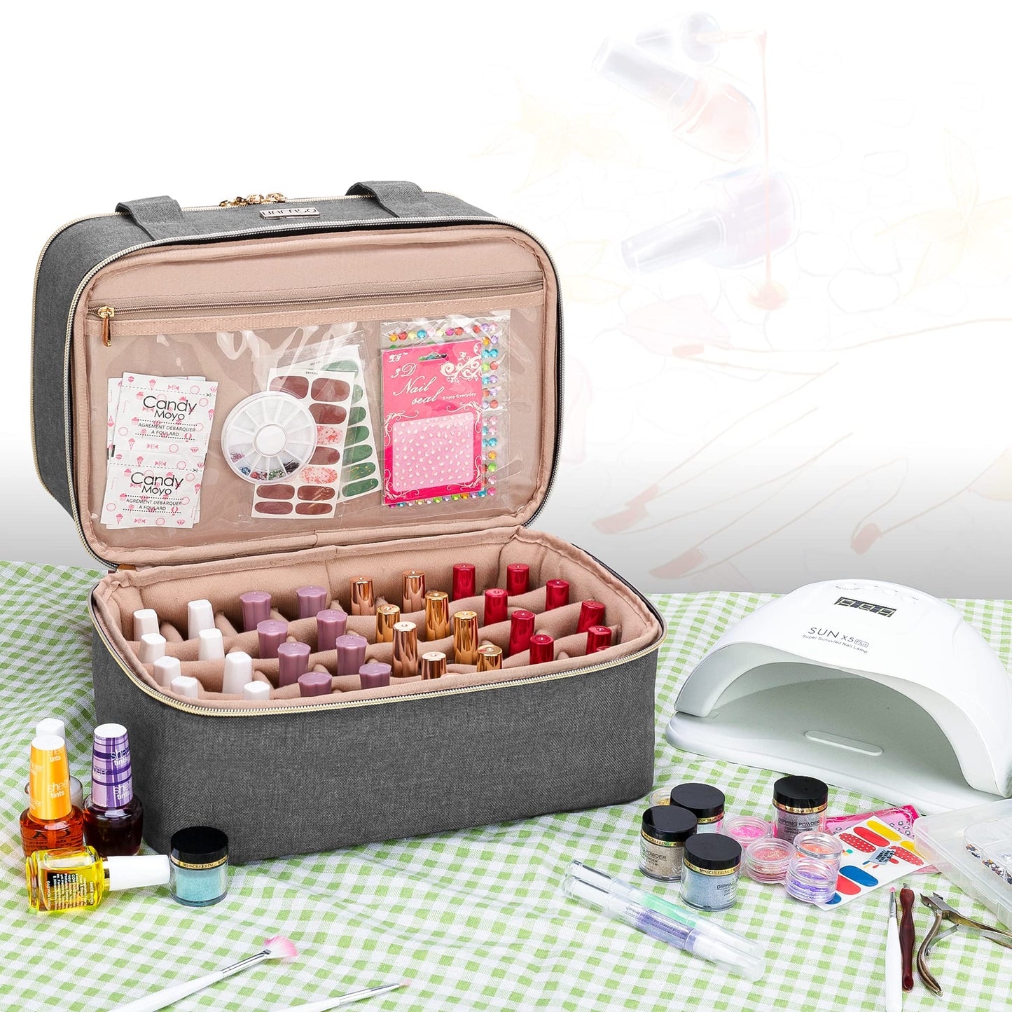 BAFASO Nail Polish Organizer Holds 40 Bottles (15ml - 0.5 fl.oz) and a Nail Lamp, Nail Polish Carrying Case with Manicure Tools Storage Sections (Bag Only), Gray