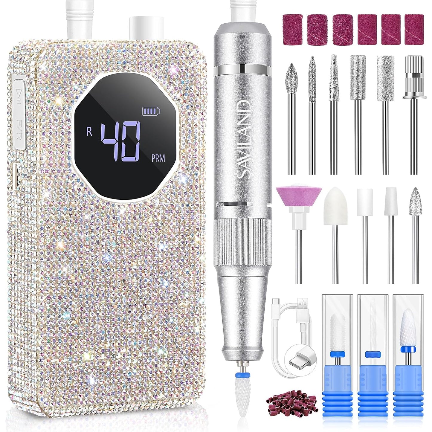 SAVILAND Professional Nail Drill - 40000 RPM Electric Nail File Kit with Ceramic Bits | Perfect for Acrylic Gel Manicure