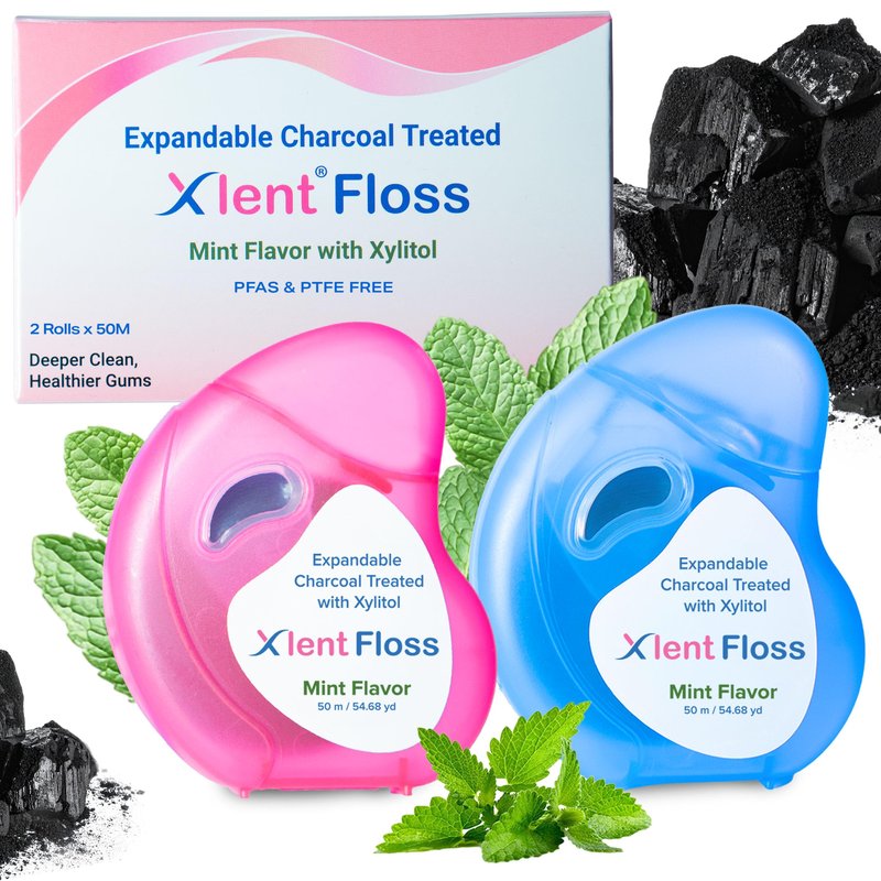 Expandable Floss Treated with Activated Charcoal with Xylitol and Natural Plant Based Wax |Fresh Mint Flavor | 50 Meter (4 Count)