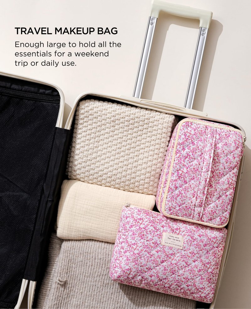 HBselect 2Pcs Travel Makeup Bag, Large Cotton Quilted Makeup Bag Cosmetic Bag Cute Make up Bag Toiletry Bags for Women Girls