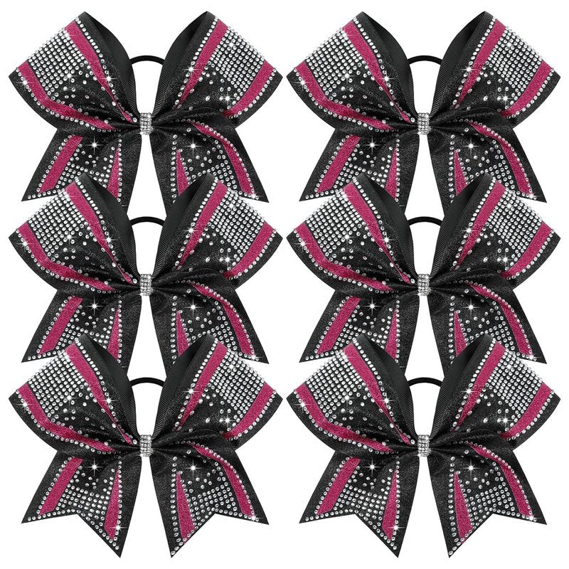 Large Glitter Cheer Bows - 6PCS Black & Pink Rhinestone Hair Bows for Cheerleaders | Stiff Design, 8-Inch