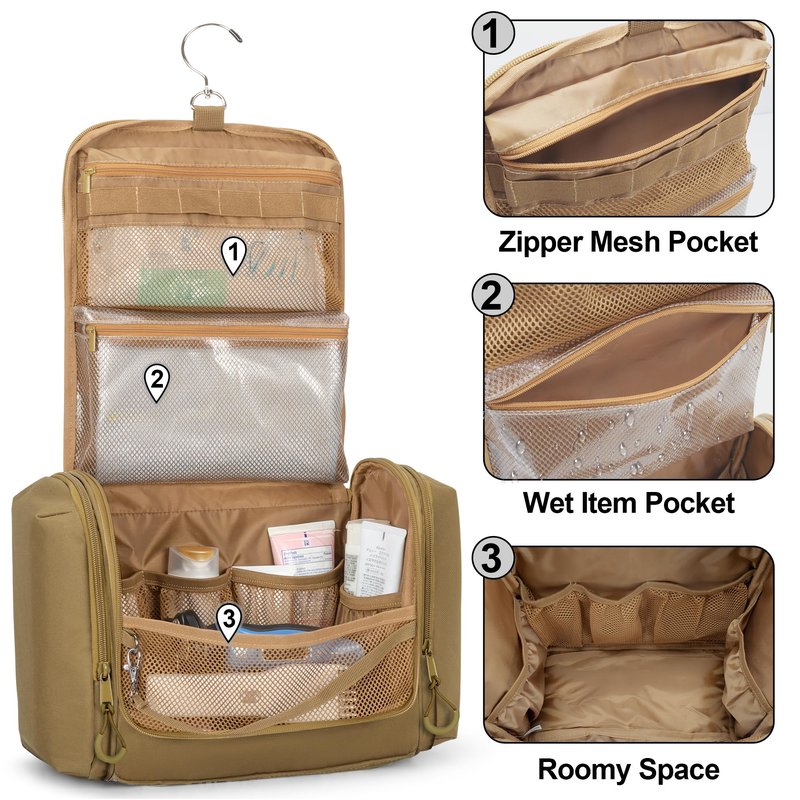 Prokva Tactical Toiletry Travel Bag for Men, Hanging Dopp Kit Hygiene Bag Shower Organizer with Hook for Toiletries and Shaving Care, Khaki (Empty Bag)