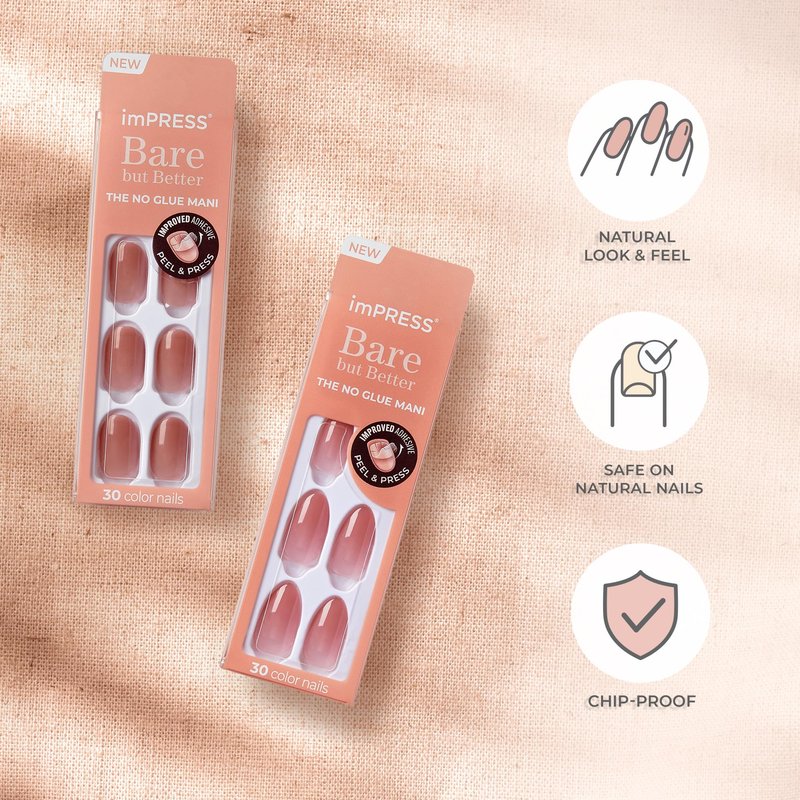 KISS imPRESS No Glue Mani Press On Nails, Bare but Better, 'Serenity', Medium Pink, Medium Size, Almond Shape, Includes 30 Nails, Prep Pad, Instructions Sheet, 1 Manicure Stick, 1 Mini File