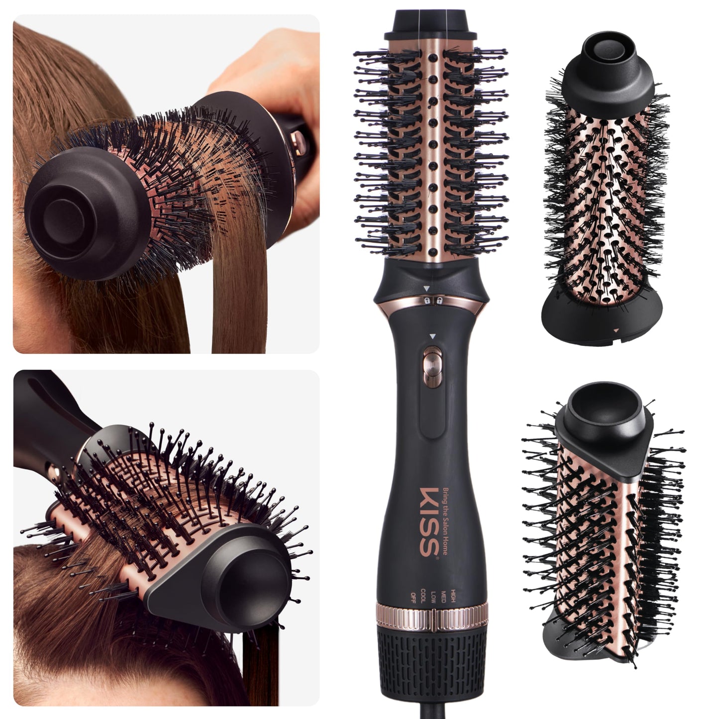 Kiss Volume & Style Boosting 2-in-1 Air Brush, Interchangeable Ceramic Waterdrop & 1.5” Round Brush Head, Maximum Root Boosting Hair Dryer, 4 Heat Settings, Tangle-Free Bristles, 360° Swivel Cord