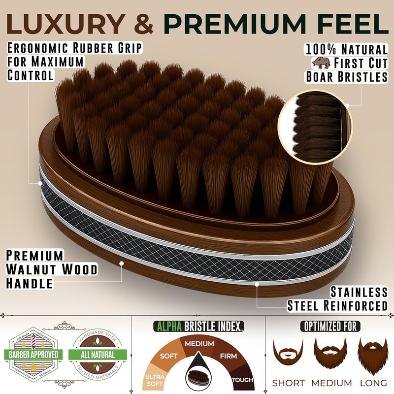 Premium Handmade Boar Bristle Beard Brush for Men - Natural Walnut Wood & Non-Slip Grip | Ideal for All Beard Lengths