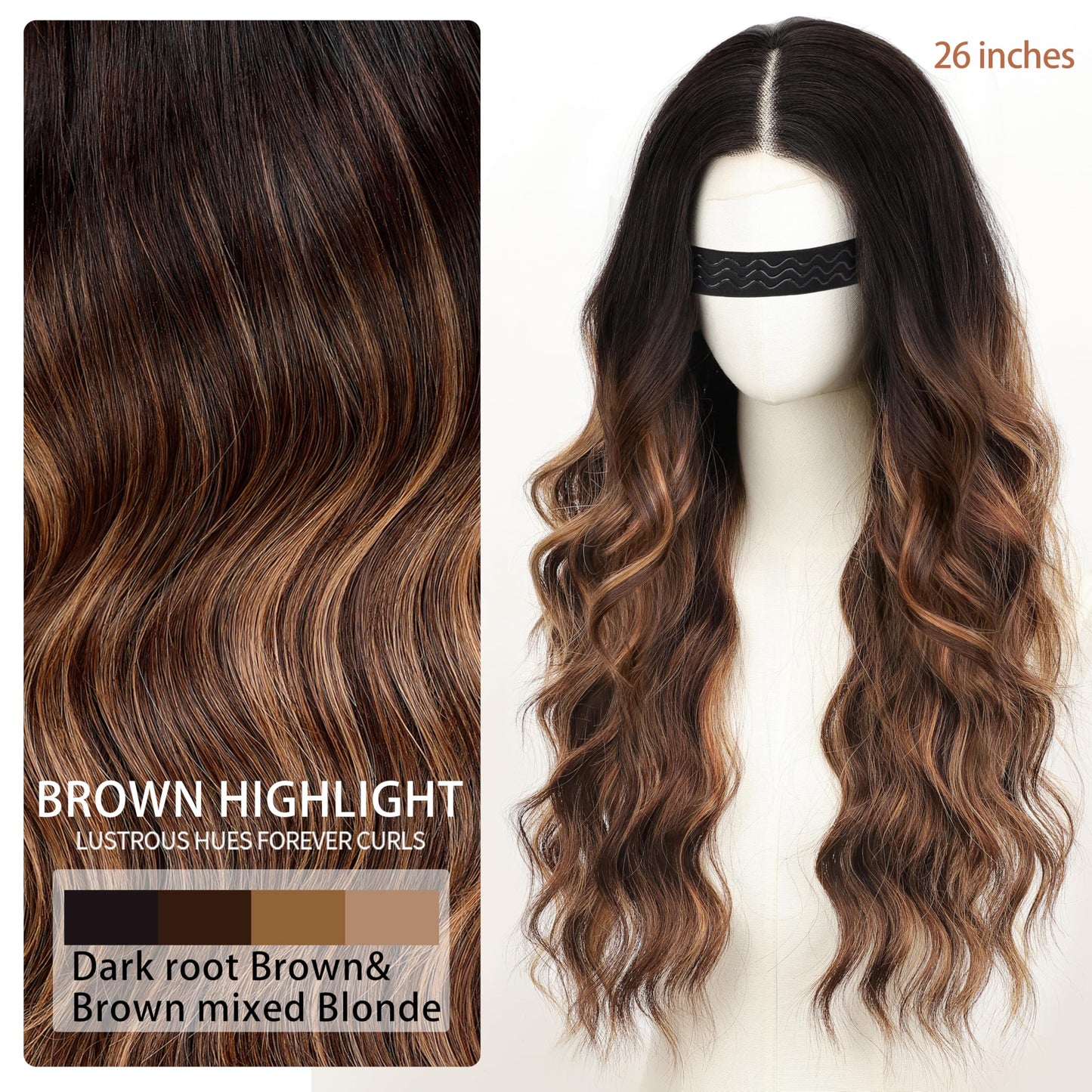 Nnzes Long Brown Highlight Wavy Wig 4x1 Lace Natural Hairline Middle Part Curly Heat-Resistant Synthetic Fiber for Women & Beginners Daily Party Use 26In