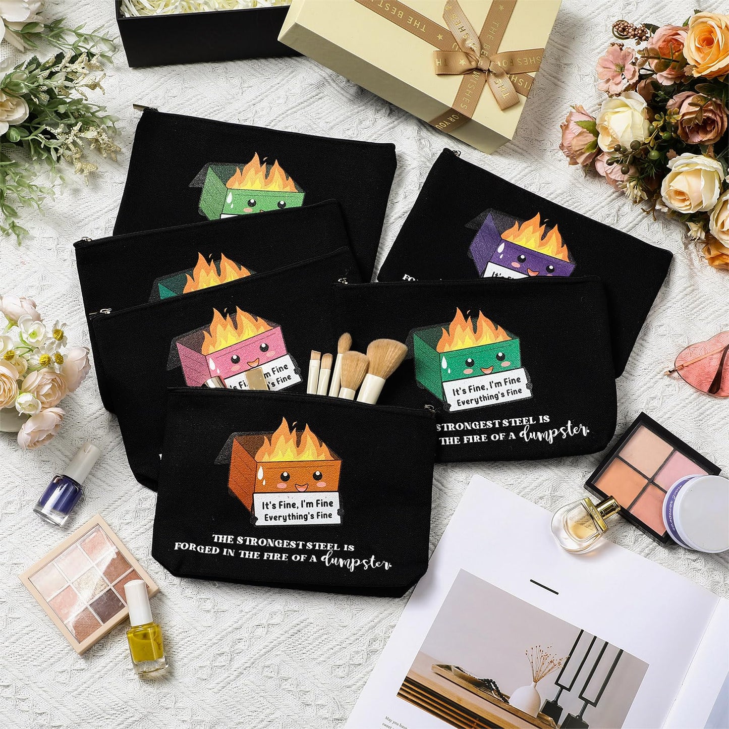 Reginary 12 Pcs Dumpster Fire Makeup Bags Bulk Funny Gifts Employee Inspirational Cosmetic Bag Gifts for Graduation Teacher Coworker Staff