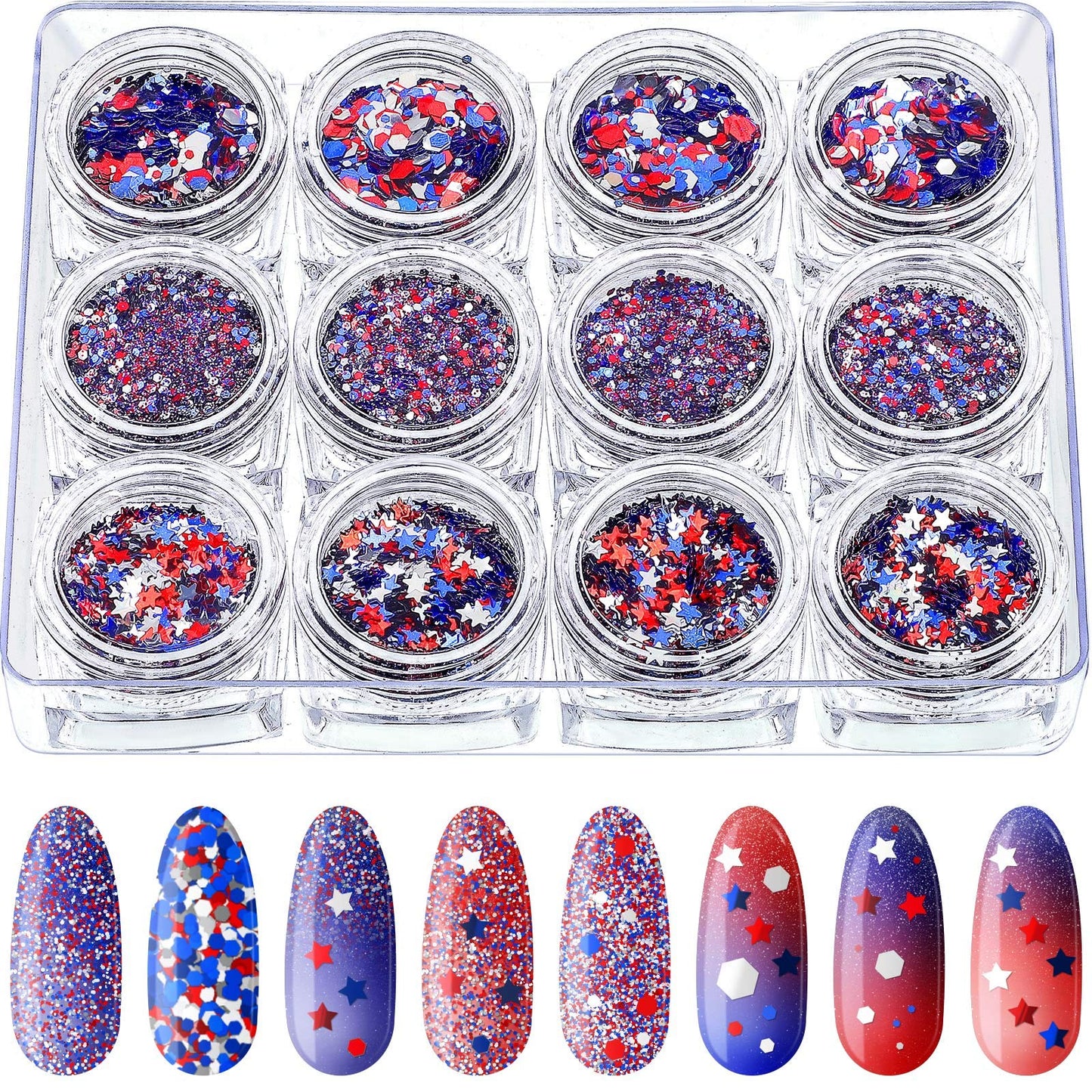 12 Boxes 4th of July Nail Glitter Independence Day 250th Anniversary Patriotic Nail Art Star Sequins Holographic Red Blue Silver Mixed Sparkly Sequins for Women Girls Decoration