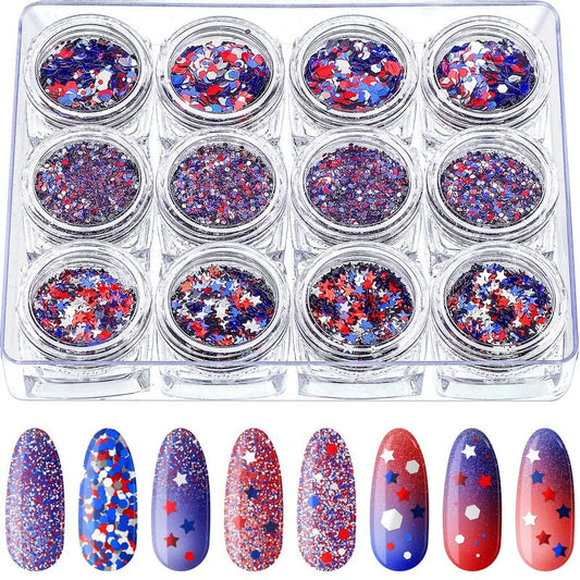 12 Boxes 4th of July Nail Glitter Independence Day 250th Anniversary Patriotic Nail Art Star Sequins Holographic Red Blue Silver Mixed Sparkly Sequins for Women Girls Decoration