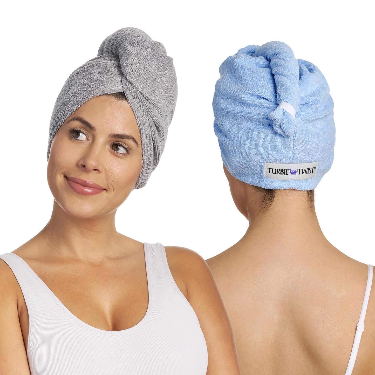 Turbie Twist 4-Pack Microfiber Hair Towel for Beauty, Travel, Gifting - Wrap Turban for Straight, Wavy & Curly Hair - Premium Personal Care (Grey, Blue, White, White)