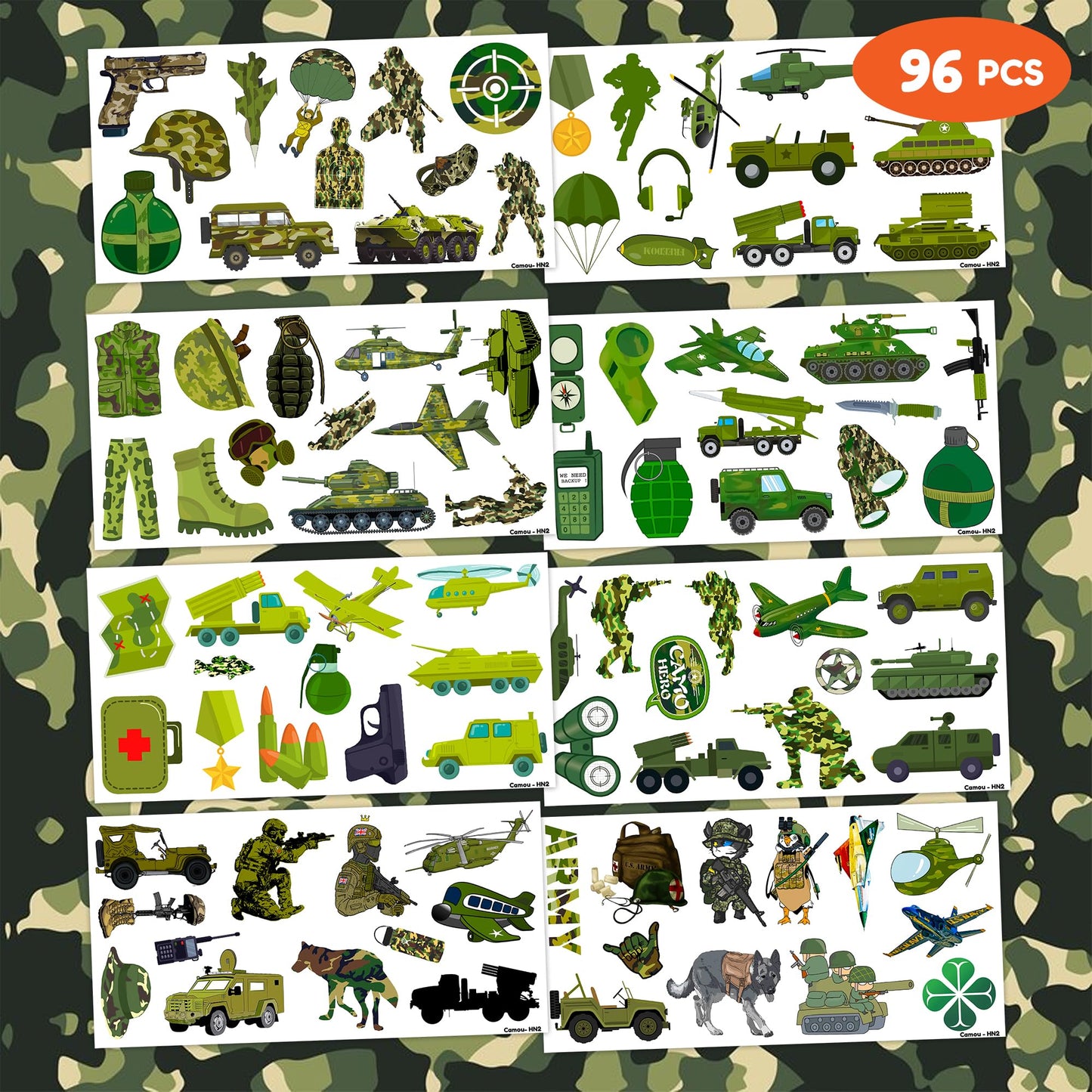 96 PCS Military Camouflage Temporary Tattoos Themed Army Birthday Party Decorations Supplies Favors Decor Camo Soldier Tank Helicopter Tattoo Stickers Gifts For Kids Adults Boys Girls Prizes Carnival