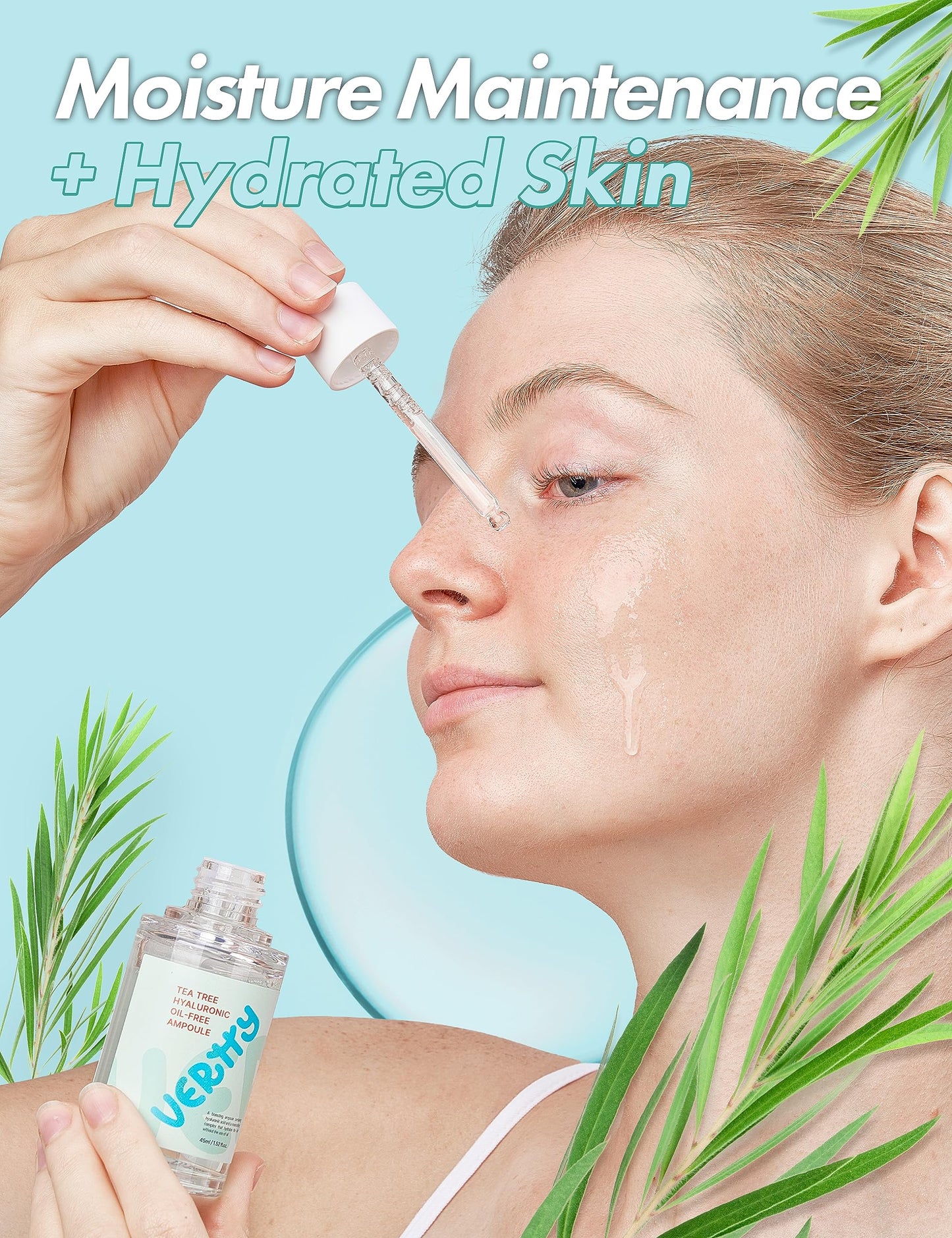 Vertty Tea Tree Hyaluronic Oil Free Ampoule | Hydrating, Moisturizing, Redness Relief Serum | Blemish Skin Corrector Serum | Non-Comedogenic Moisturizer for face | Long-lasting Hydration (1.5oz)