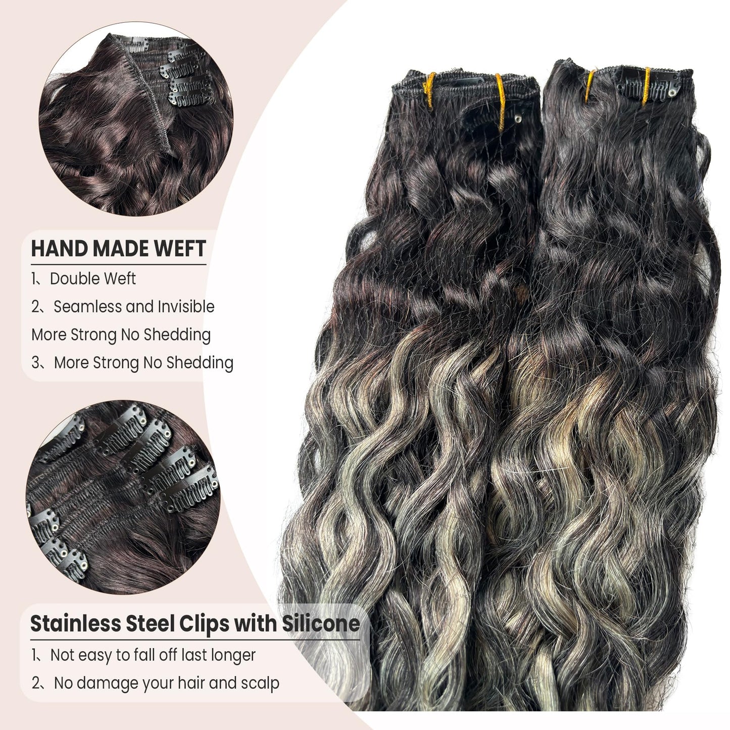 Dark Brown Hair Extensions Real Human Hair Curly Clip in Hair Extensions Real Human Hair 70g 7pcs 16inch Chestnut Brown Water Wavy Soft and Natural Remy Human Hair Extensions (#1bt1b sliver, 16 Inch)