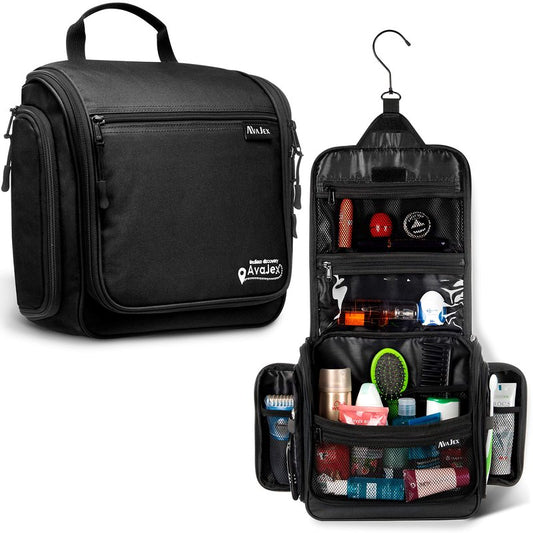 AvaJex Travel Toiletry Bag for Men - Large Dopp Kit (10.6"x10.6"x3.2") - Hanging Waterproof Mens Hygiene Organizer Bag with XXL Metal Swivel Hook, Sturdy Zippers and 19 Compartments for Toiletries