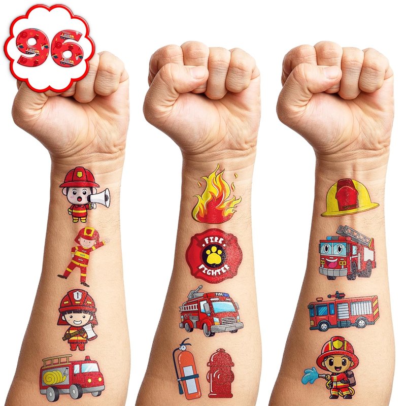 Firefighter Temporary Tattoos - 96 PCS Fire Truck Party Decorations | Kids & Adults Fun Gifts