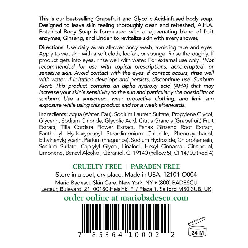 Mario Badescu AHA Botanical Body Wash Moisturizing, Clarifying and Gentle Exfoliating Body Wash for Brighter,Softer & Smoother Skin,Soap Infused with Glycolic Acid & Fruit Enzymes,16 Fl Oz,(Pack of 2)