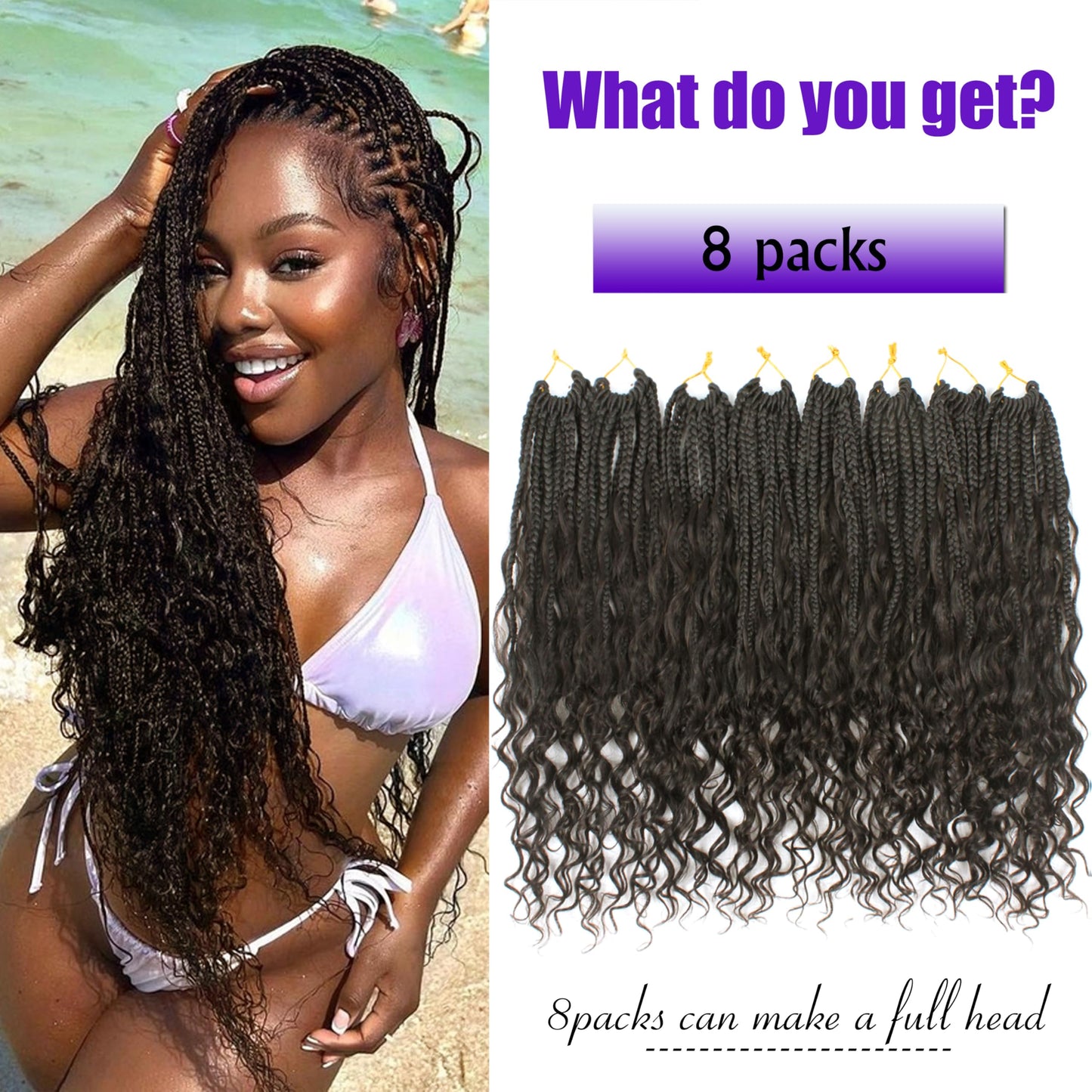 Goddess Box Braids Crochet Hair 14 inch Pure Protein Fiber Close to Human Hair 8 packs Boho Crochet Braids for Black Women Pre looped Bohemian Box Braid with Curly Ends Hair Extensions(14 inch, #4)