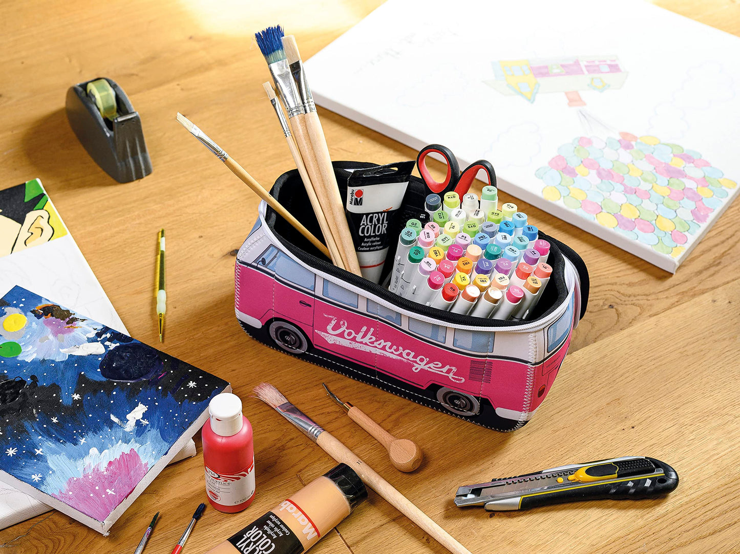 BRISA VW Collection - Volkswagen Neoprene Universal Makeup Cosmetics Toiletry Travel Pharmacy Bag in T1 Bus Design (Pink/Large) (Small (9.1 x 4.3 x 3.1 inches))