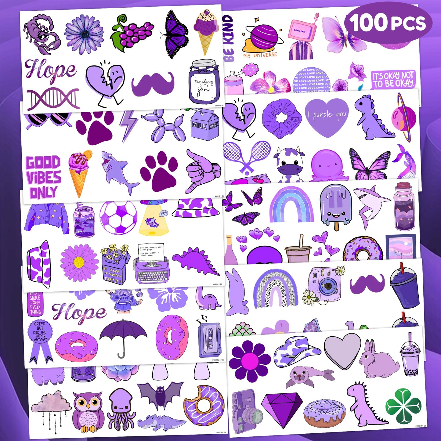 Cute Purple Temporary Tattoos Dark Purple Birthday Party Decorations Favors Supplies Violet Themed Cute Stickers 10 Sheets 100 PCS Gifts for Baby Girls Boys Decor Class School Carnival Christmas