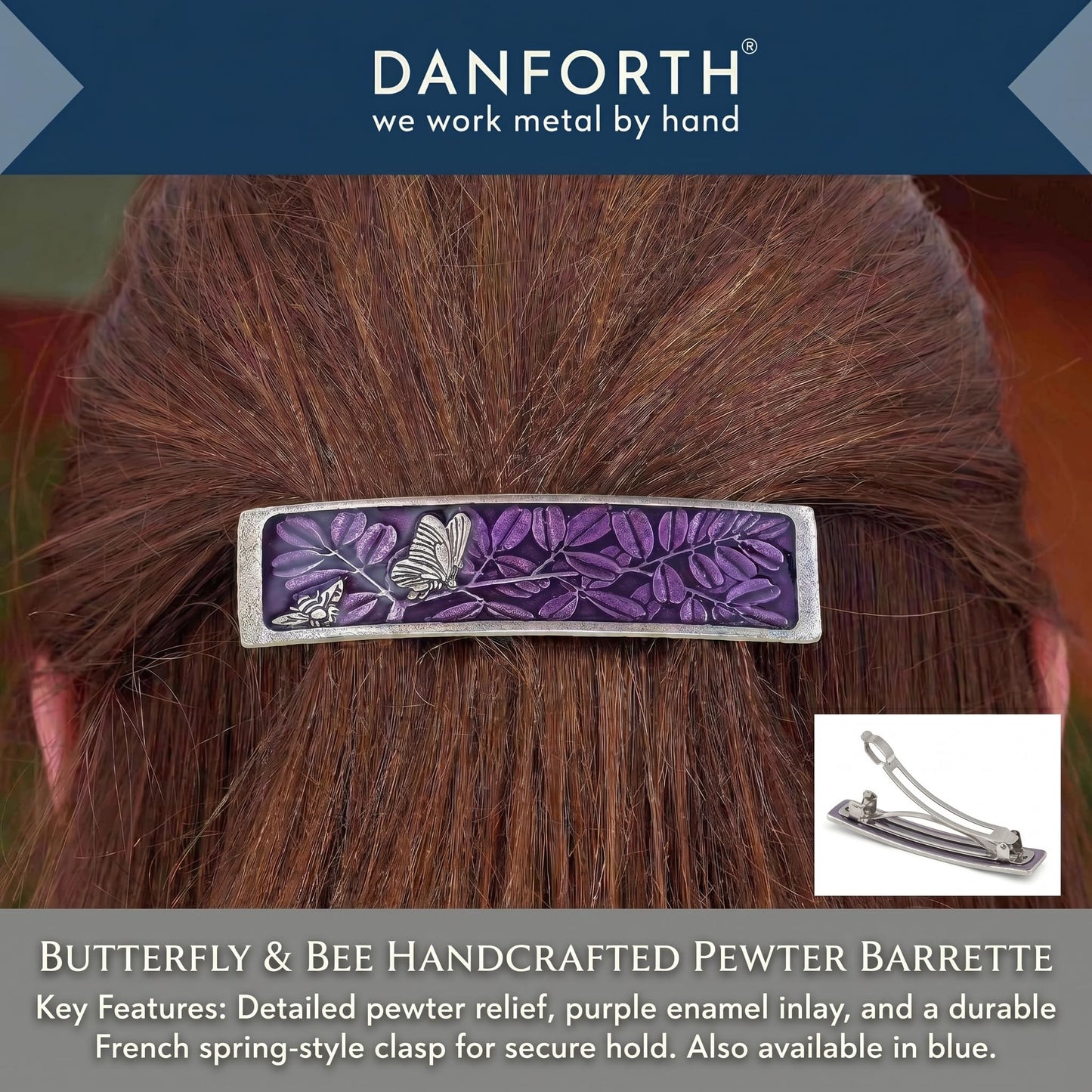 Danforth Wild Rose Hair Barrette – Handcrafted Pewter Hair Barrettes For Women – Thick Hair Clips For Women – ¾” x 3 ½”, Made In USA