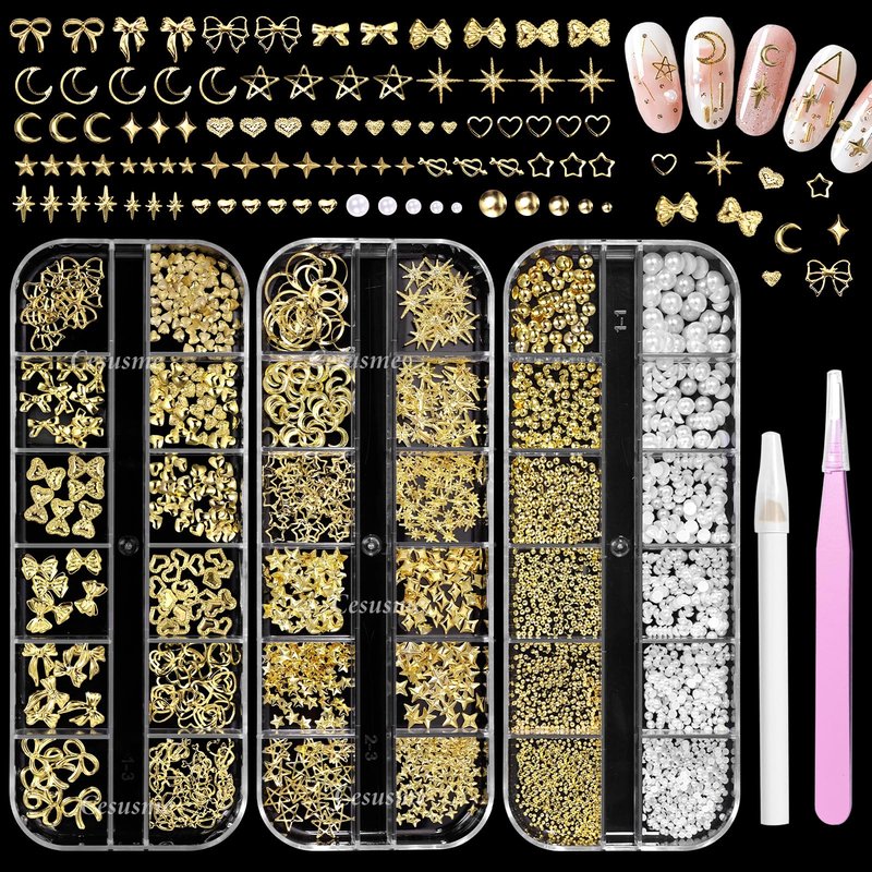 Gold Nail Charms Pearls, Heart Bow Nail Art Charms, Metal Cross Star Moon Nails Studs, Half Round Flatback Nail Pearls Charms, Caviar Nails Beads Charms for Nails Design DIY Craft