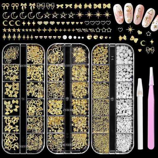 Gold Nail Charms Pearls, Heart Bow Nail Art Charms, Metal Cross Star Moon Nails Studs, Half Round Flatback Nail Pearls Charms, Caviar Nails Beads Charms for Nails Design DIY Craft