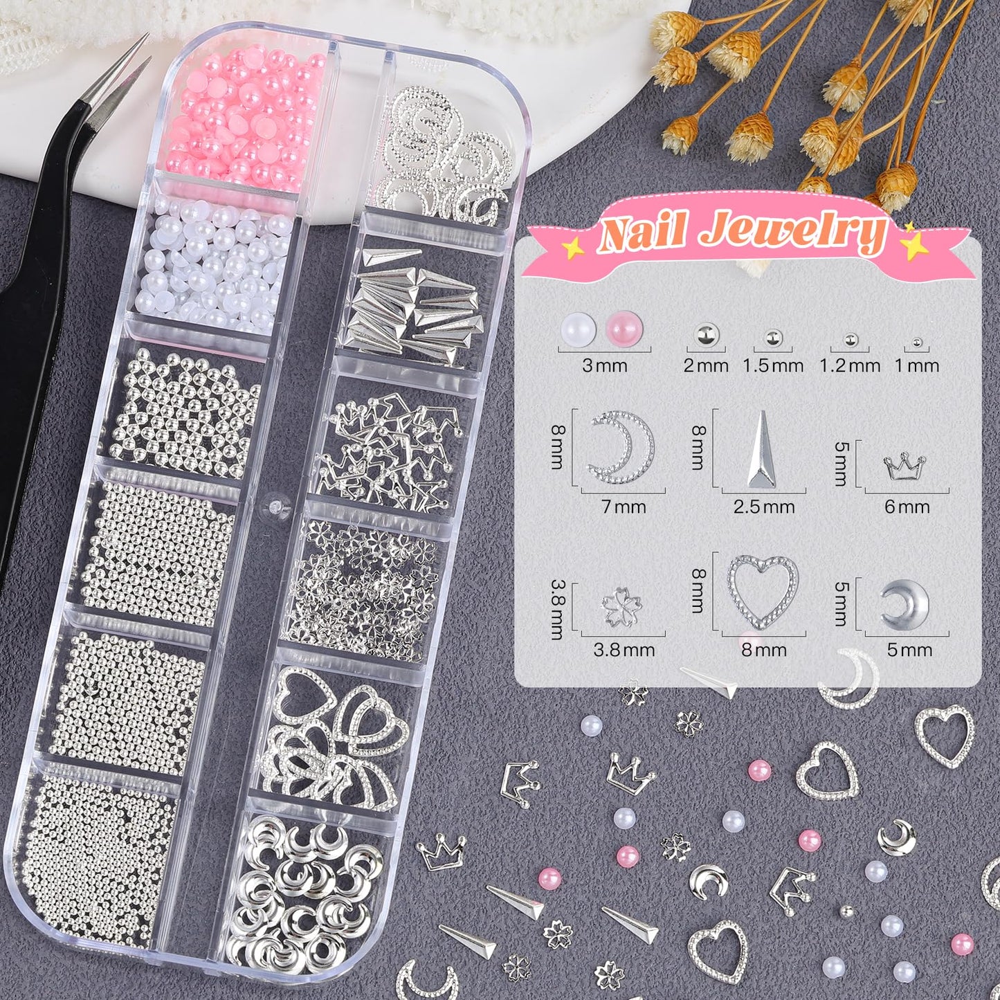 5Boxes Silver Nail Charms and Gems Kit, 3D Metal Flower Heart Bow Cross Star Nail Studs Charms for Nails Design, Pink White Flatback Rhinestones and Pearls Mini Caviar Beads with Tweezers for Nail Art