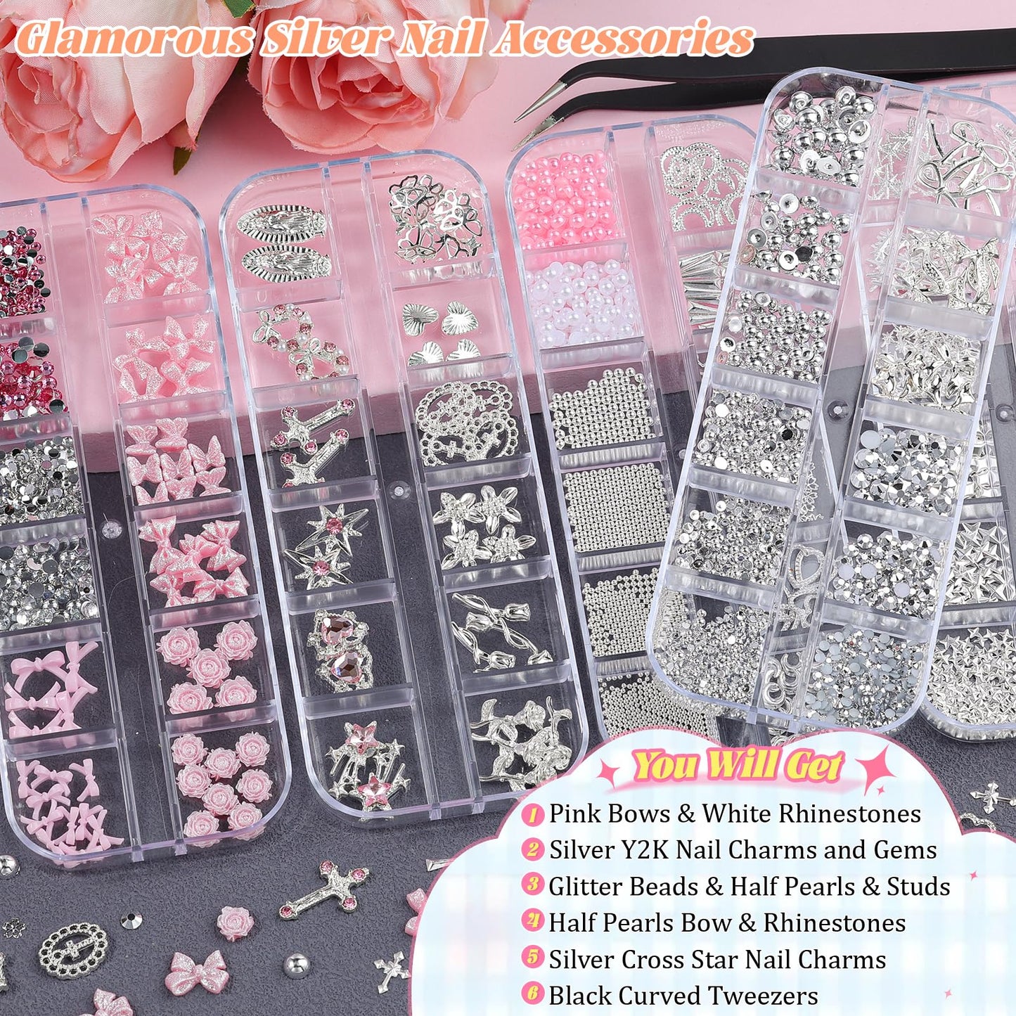 5Boxes Silver Nail Charms and Gems Kit, 3D Metal Flower Heart Bow Cross Star Nail Studs Charms for Nails Design, Pink White Flatback Rhinestones and Pearls Mini Caviar Beads with Tweezers for Nail Art