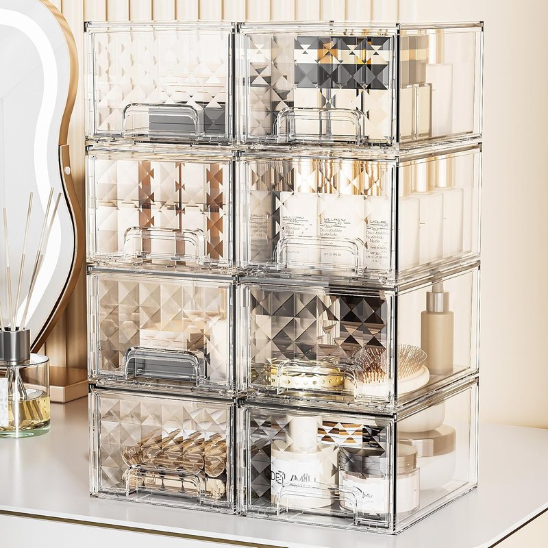 Delamu Stackable Storage Drawers - Clear Makeup & Skincare Organizer | 8 Pack for Vanity, Desk, Kitchen, Pantry