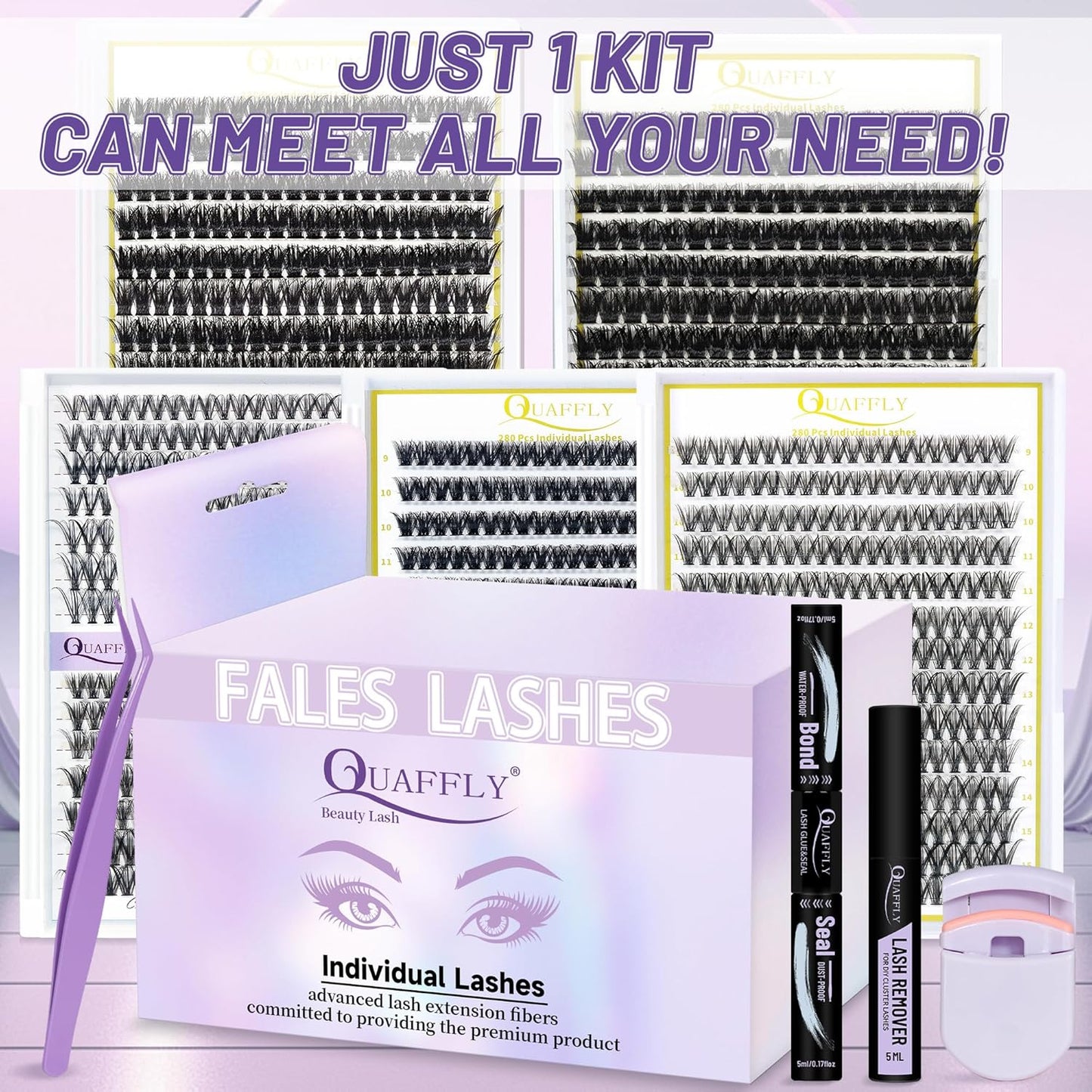 False Eyelashes Kit - 5-Pack with Glue, Tweezers & Curler | Reusable for Natural or Dramatic Looks