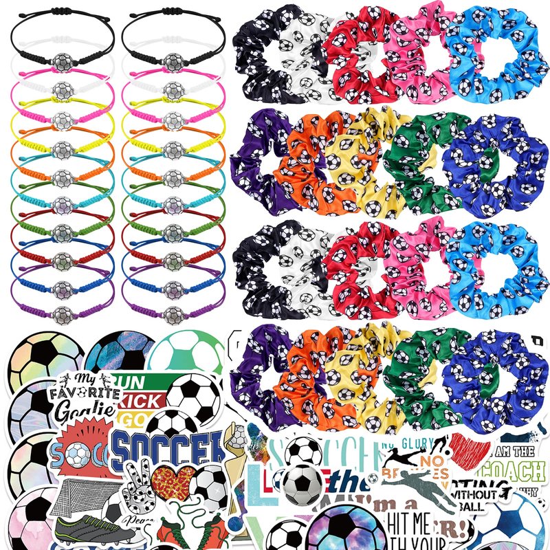 Soccer Party Supplies Set with 20 Pcs Satin Soccer Scrunchies Hair Ties,20 Pcs Adjustable Soccer Bracelet and 100 Pcs Soccer Stickers Soccer Birthday Party Decoration for Sports Themed Party
