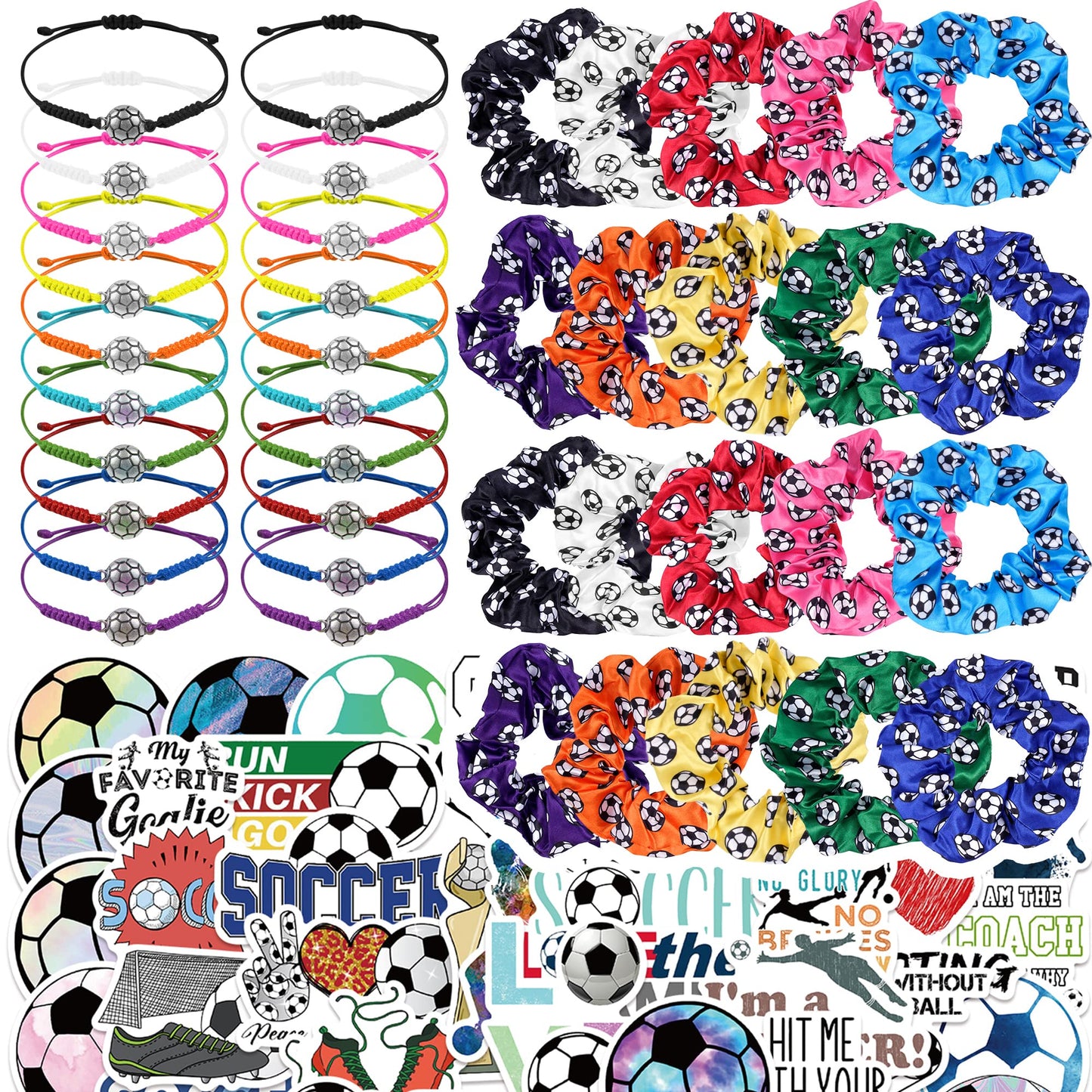 Soccer Party Supplies Set with 20 Pcs Satin Soccer Scrunchies Hair Ties,20 Pcs Adjustable Soccer Bracelet and 100 Pcs Soccer Stickers Soccer Birthday Party Decoration for Sports Themed Party
