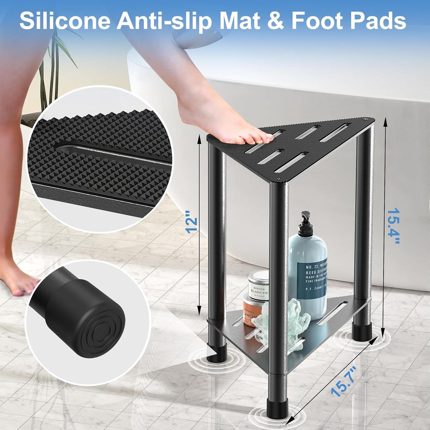Stainless Steel Shower Stool - Large Corner Shower Bench with Storage Shelf | 15.4'' Height, Ideal for Shaving Legs