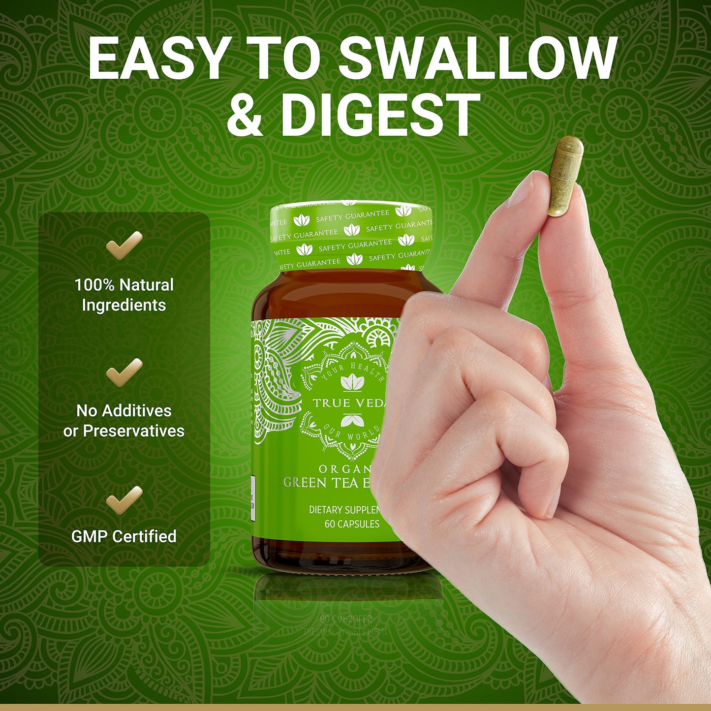 True Veda USDA Organic Green Tea Extract Capsules with EGCG | Premium Plant-Based Green Tea Pills | High Quality EGCG Supplements | Low Caffeine | 60 Vegan Capsules