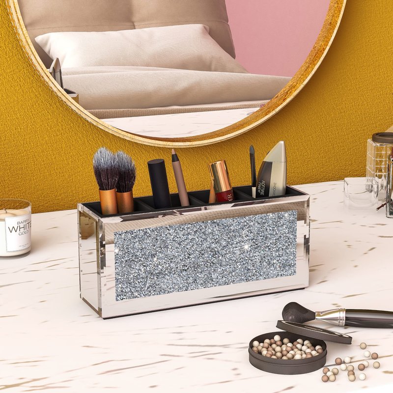 SHYFOY 4-Compartment Makeup Brush Holder, Mirrored Makeup Organizer with Crushed Diamond Crystals, Vanity Cosmetics Organizer Solution, Pencil Holder Organizer for Desk
