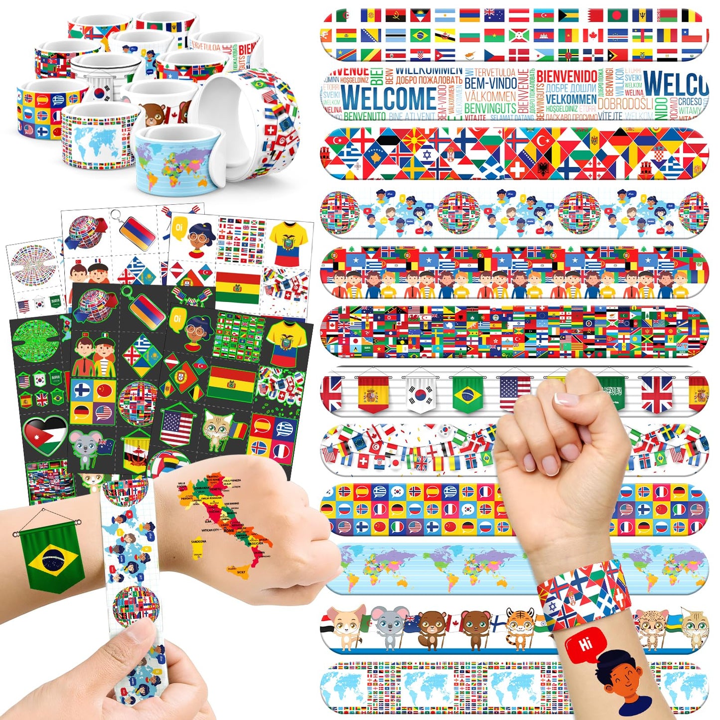 96 PCS World Flag Party Favors – 72 Pre-Cut Temporary Tattoos & 24 Slap Bracelets for Kids, Multicultural Birthday Supplies & Classroom Rewards