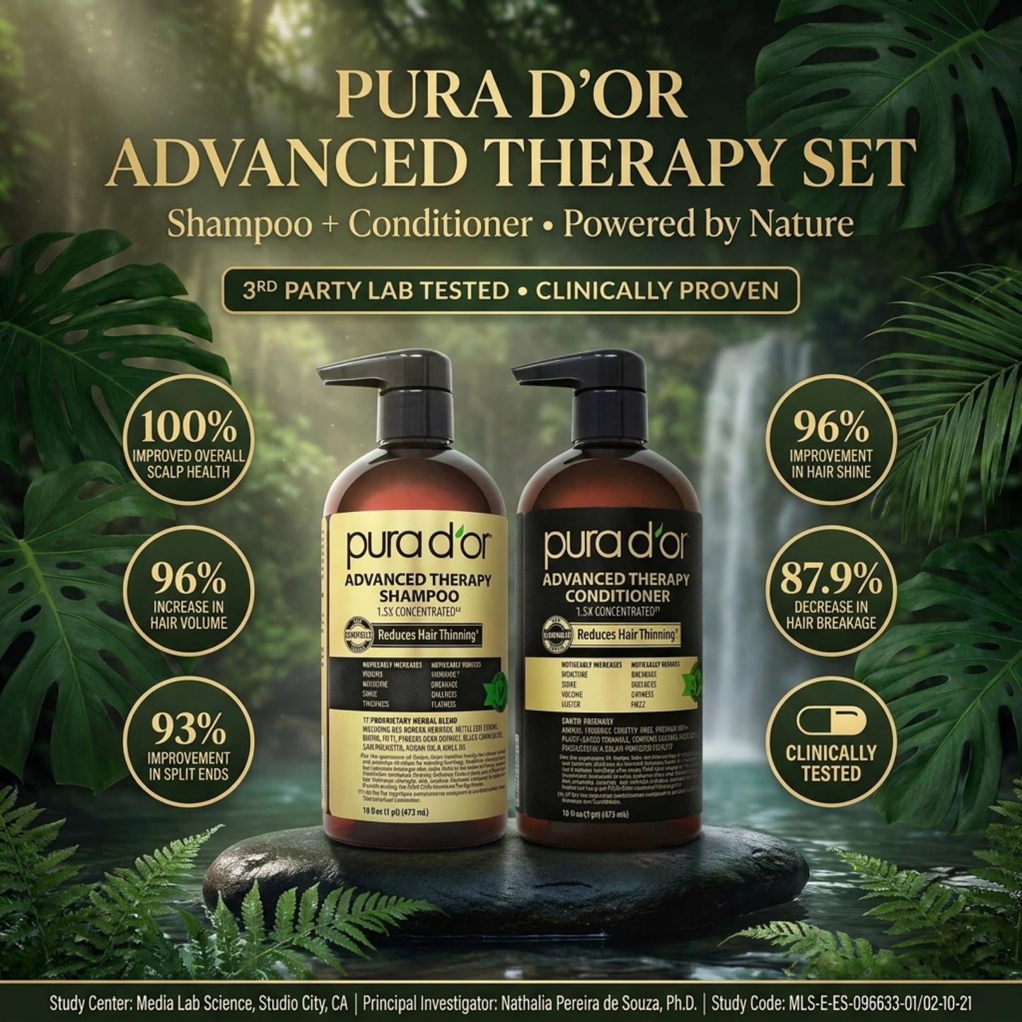 PURA D'OR Advanced Therapy Biotin Shampoo & Hair Regrowth Conditioner Set For Hair Thinning, CLINICALLY TESTED Effective Thickening Results, For Women & Men, Invigorating Forest Scent, 16oz x2