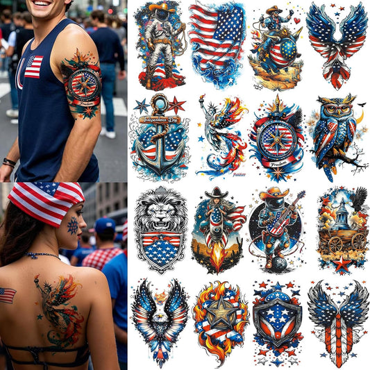 16 Sheets Independence Day Temporary Tattoos, USA Flag Patriotic Tattoos