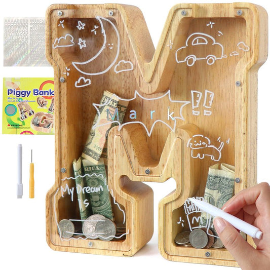 weallbuy Large Letter Piggy Bank for Kids Boys Girls Wooden Personalized Piggy Banks A-Z with Target Area Clear Alphabet Banknote Coin Banks for Gift Decoration Baptism (M)