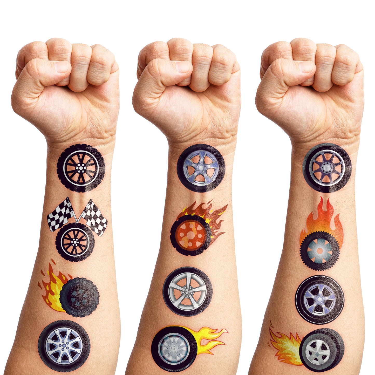 100 PCS Wheel Tire Checkered Flag Temporary Tattoos Themed Birthday Party Decorations Favors Supplies Décor Race Car Black And White Tattoo Stickers Gifts For Game Boys Girls Classroom School Prizes